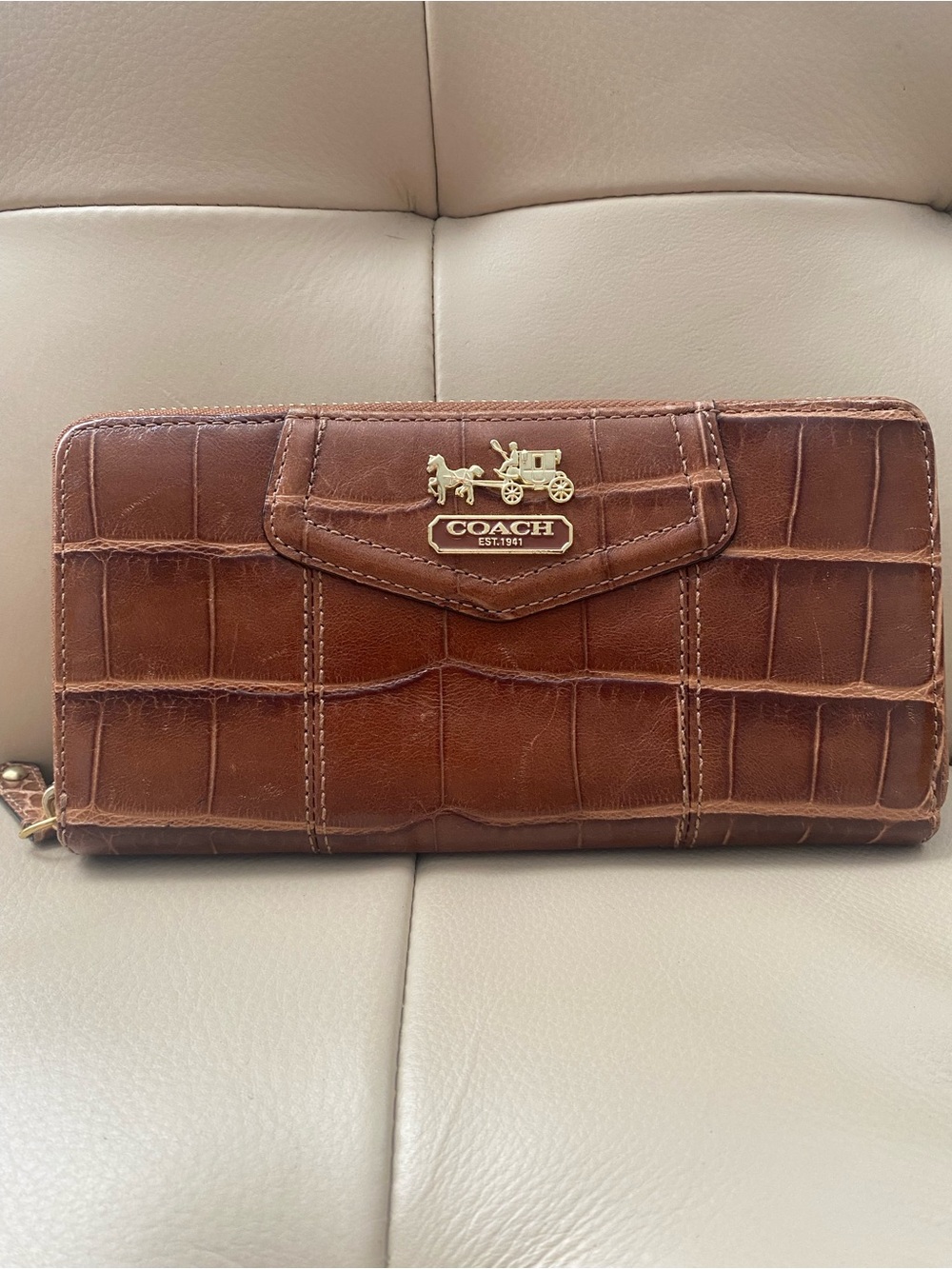 Coach Madison Brown Croc-Embossed Leather Zip Wallet with Gold Hardware